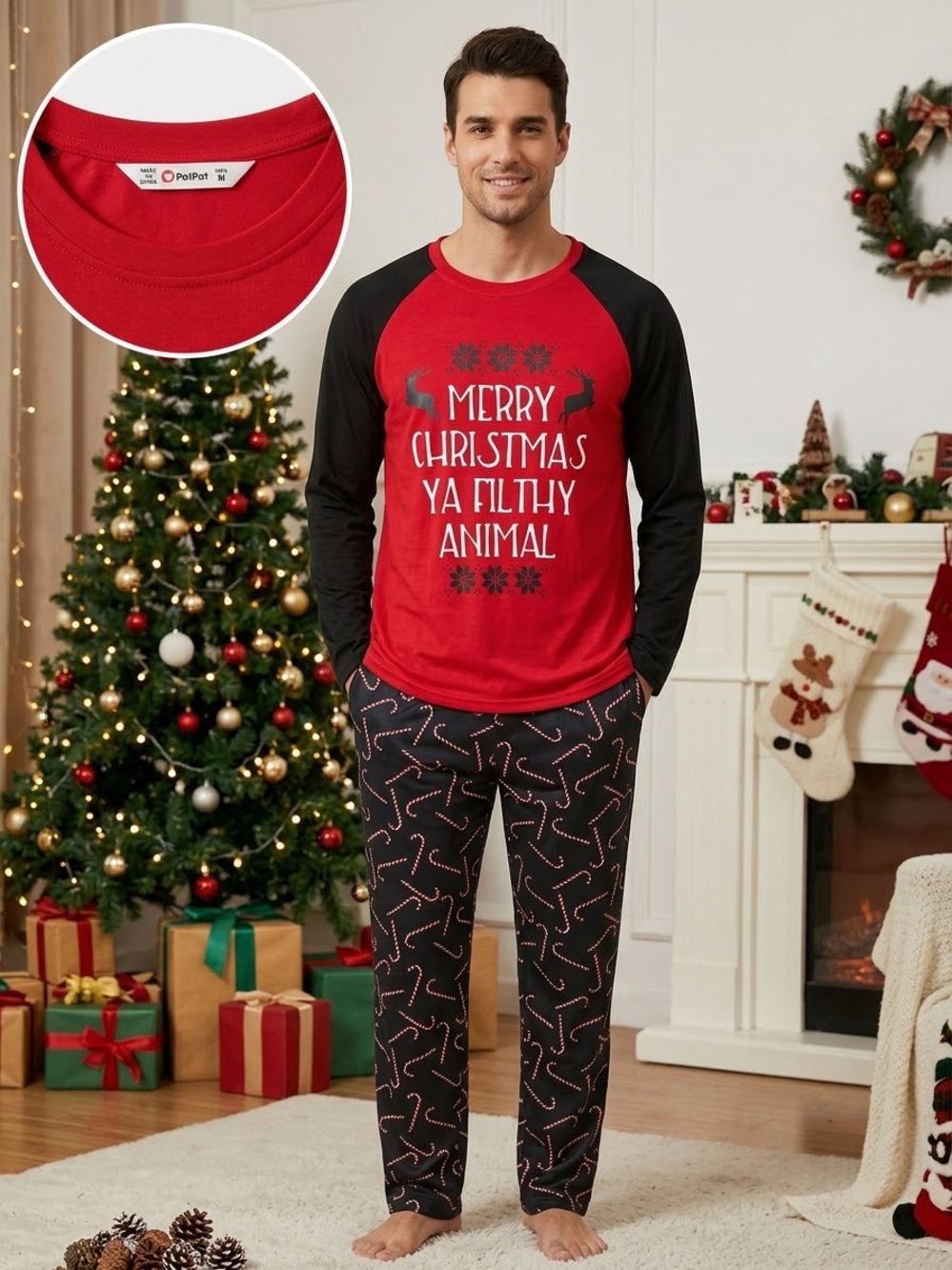 PatPat Red and Black Merry Christmas Pajama Set